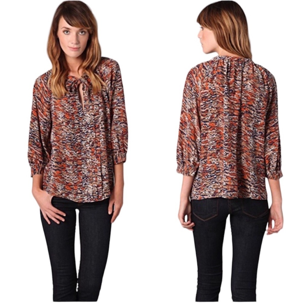 Joie Mirabella Animal Print 3/4 Sleeve Tie Neck Silk Blouse